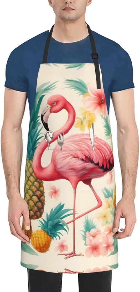 Flamingo and Pineapple 1 print Waterproof chef's apron with pocket apron for kitchen cooking baking barbecue and gardening