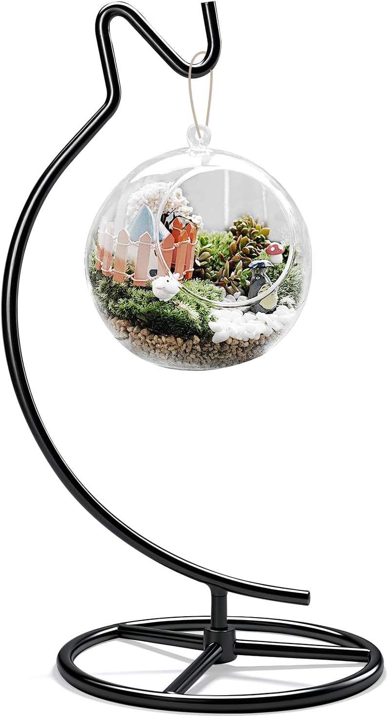 Ornament Display Stand with Hook, 11" Black Iron Hanging Stand for Air Plants, Glass Balls, Witch Balls, Terrariums, Christmas & Wedding Decorations, Home & Office Decor (black)