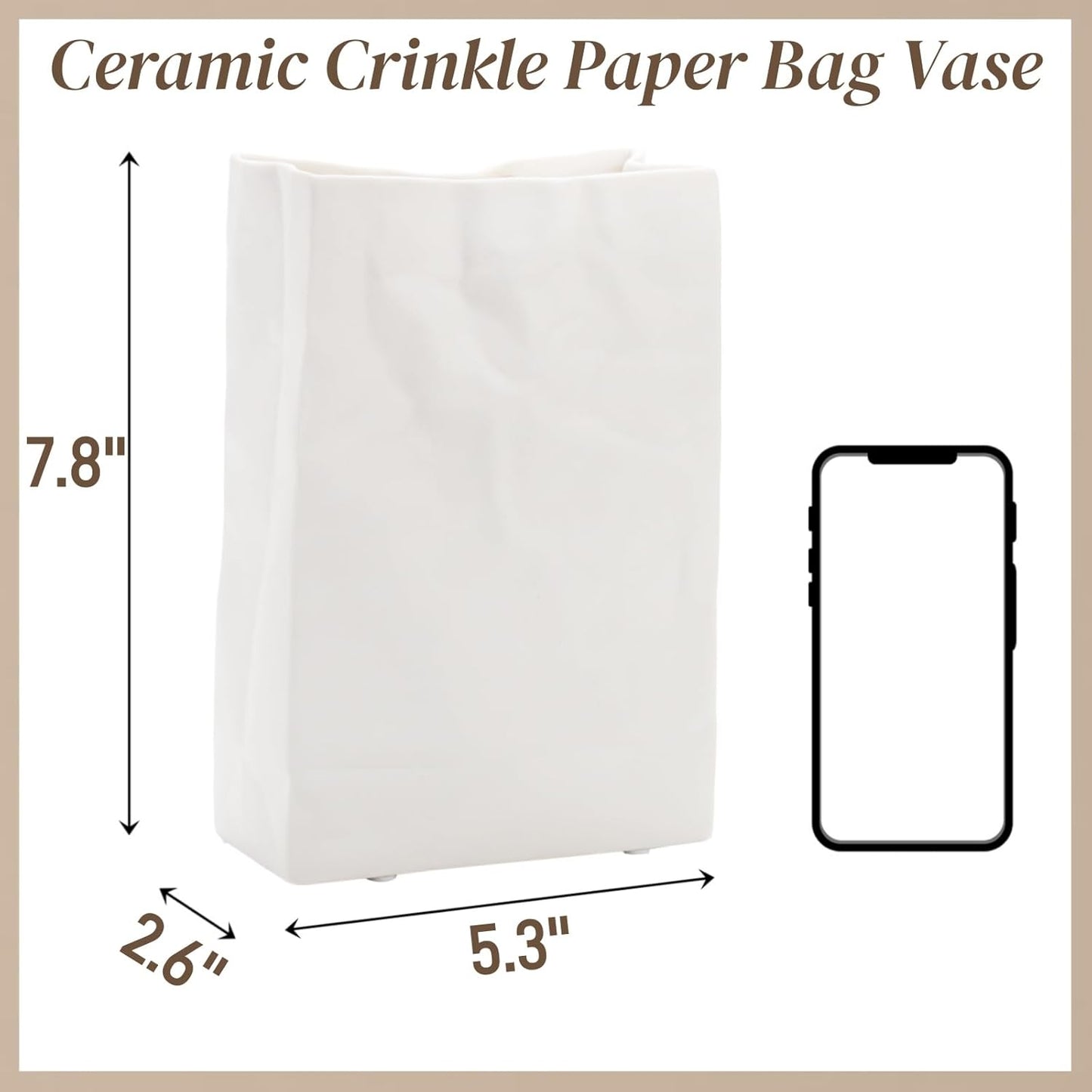Crinkle Paper Bag Ceramic Vase, 7.8 Inch Square Wide Mouth Pleated Planter, Unique White Matte Vase, Minimalist Boho Pot for Flower Arrangement Table Centerpiece Home Office Bookshelf Decor