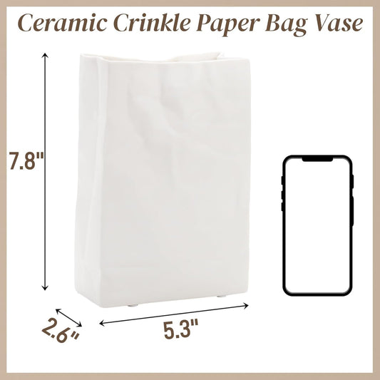 Crinkle Paper Bag Ceramic Vase, 7.8 Inch Square Wide Mouth Pleated Planter, Unique White Matte Vase, Minimalist Boho Pot for Flower Arrangement Table Centerpiece Home Office Bookshelf Decor