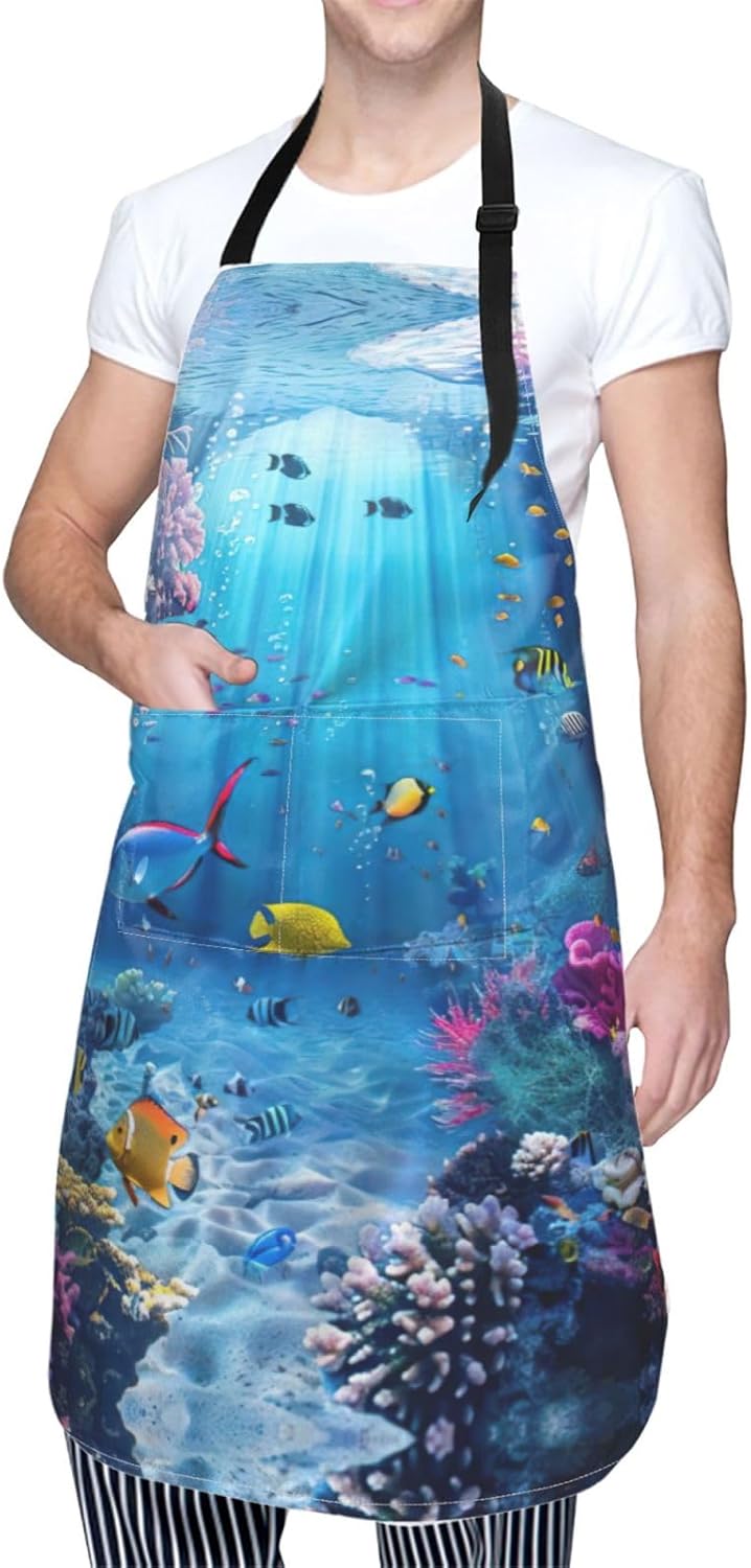 Colorful Ocean Theme print Waterproof chef's apron with pocket apron for kitchen cooking baking barbecue and gardening