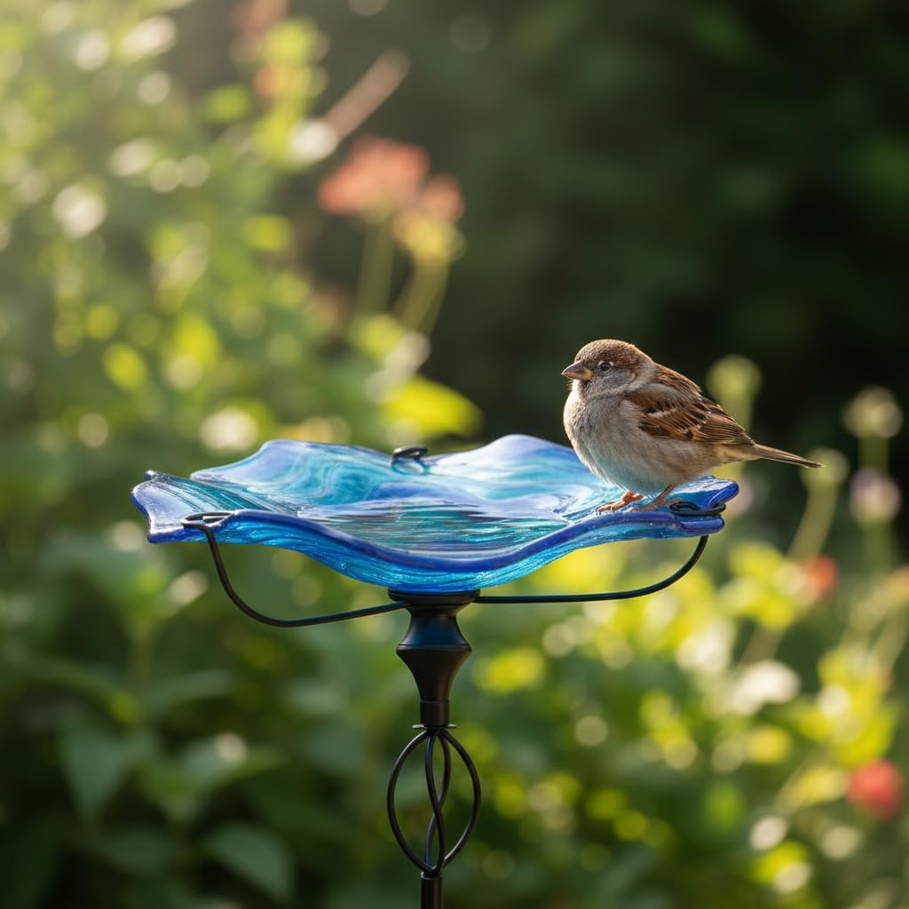 HONGLAND Bird Baths for Outside,11" Small Blue Glass Birdbaths Outdoor