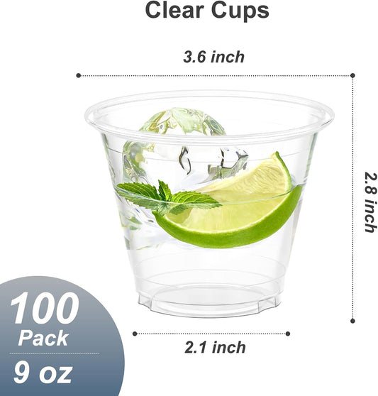 100 Pack 9 oz Clear Plastic Cups, Sturdy & Food Safe Disposable Plastic Cups for Wine Cocktail Punch
