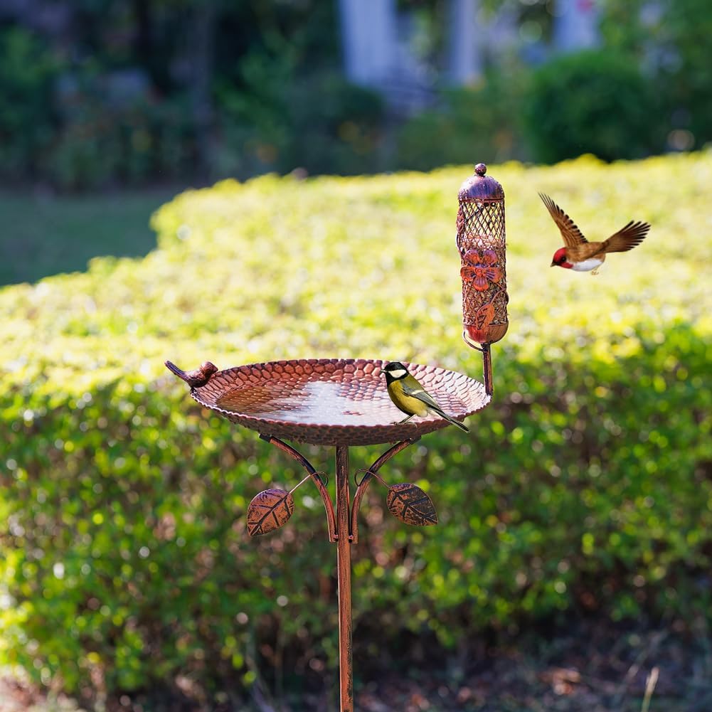 dreamysoul Metal Bird Baths for Outside, 46 Inches Tall Freestanding Birdbaths with Birdfeeder, 5-Pronged Bird Bath for Outdoors Garden Yard Patio Decor