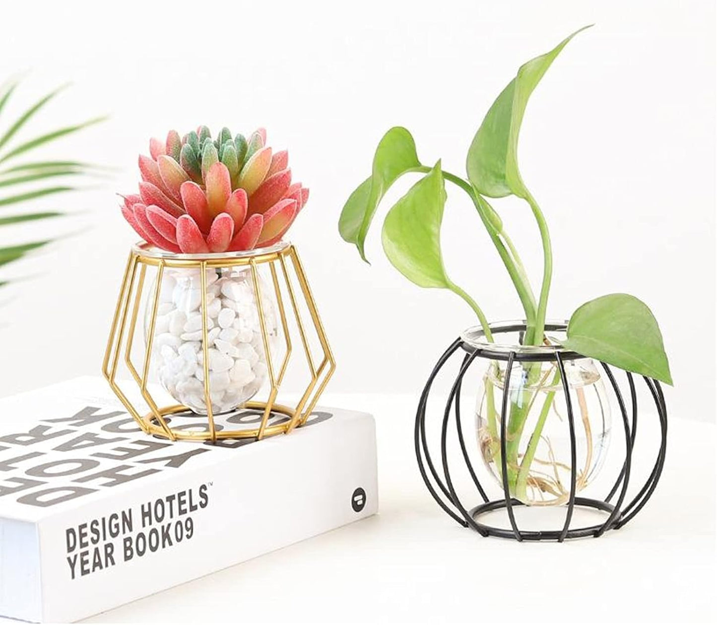 Glass Vase Nordic Small Flower Vase Clear Glass Bud Vases with Metal Geometric Iron Line Cup Vase Pot for Hydroponic Planter Flowers Rack Stand Modern Home Décor Desktop Table Vase Decor (Black,D)