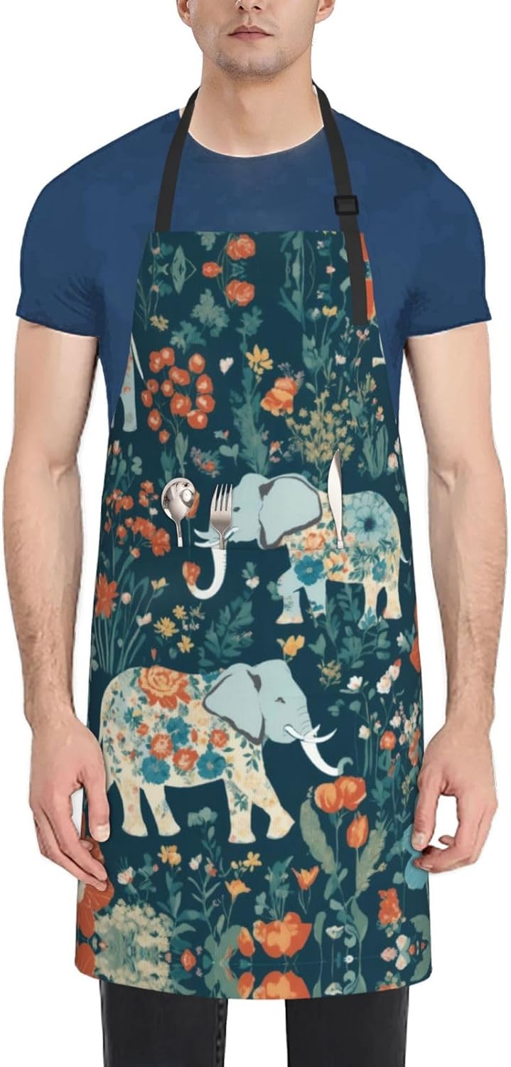 Gorgeous meadows pattern with floral elephant in Print Laundry apron 28x33 In Waterproof Kitchen Apron with Pockets for Cooking Baking