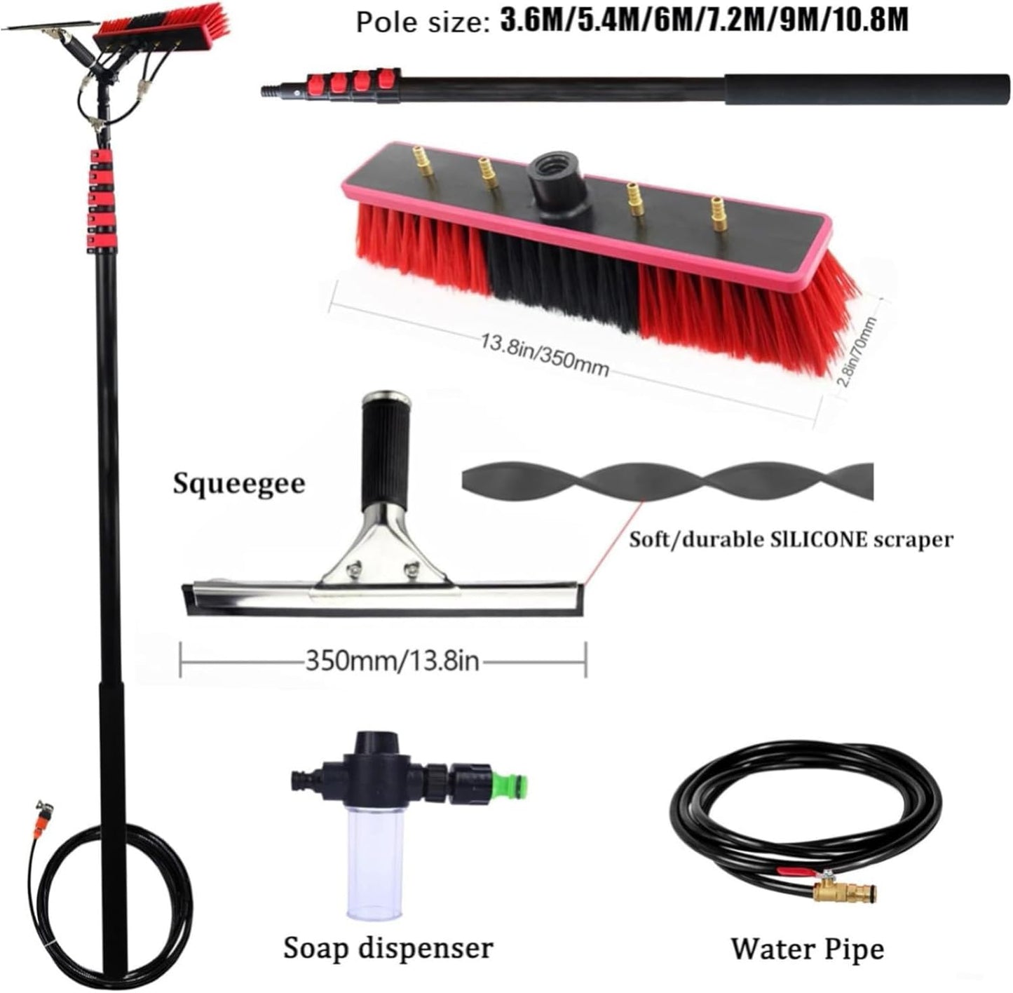 Window Cleaner Kit with Scraper & Brush Extends 3.610.8M for Effortless Window & Solar Panel Cleaning Lightweight Adjustable Perfect for High Reach