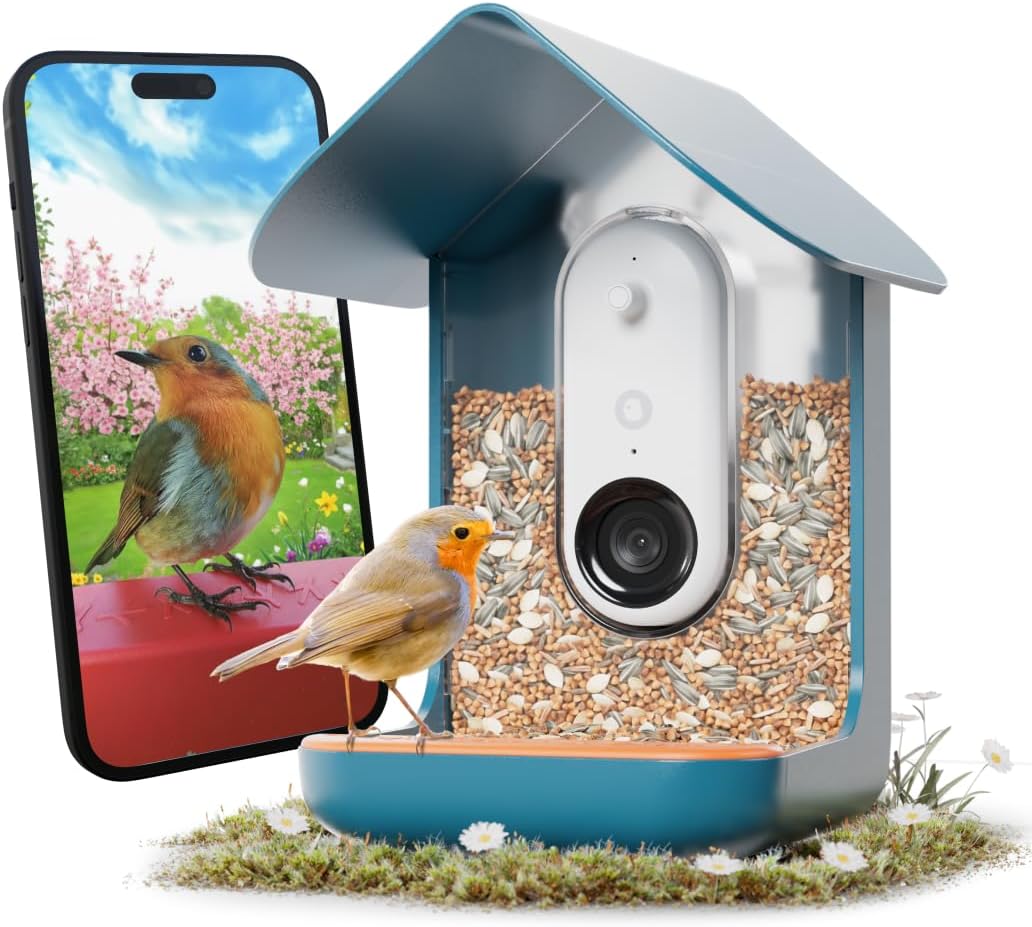 Birdbuddy PRO Non Solar Smart Bird Feeder with Camera - AI Bird Species Identification, 5MP Photos, 2K HD Video Live Stream Camera, Slow-Motion Video, 2.6in Focus - Blue - Non Solar