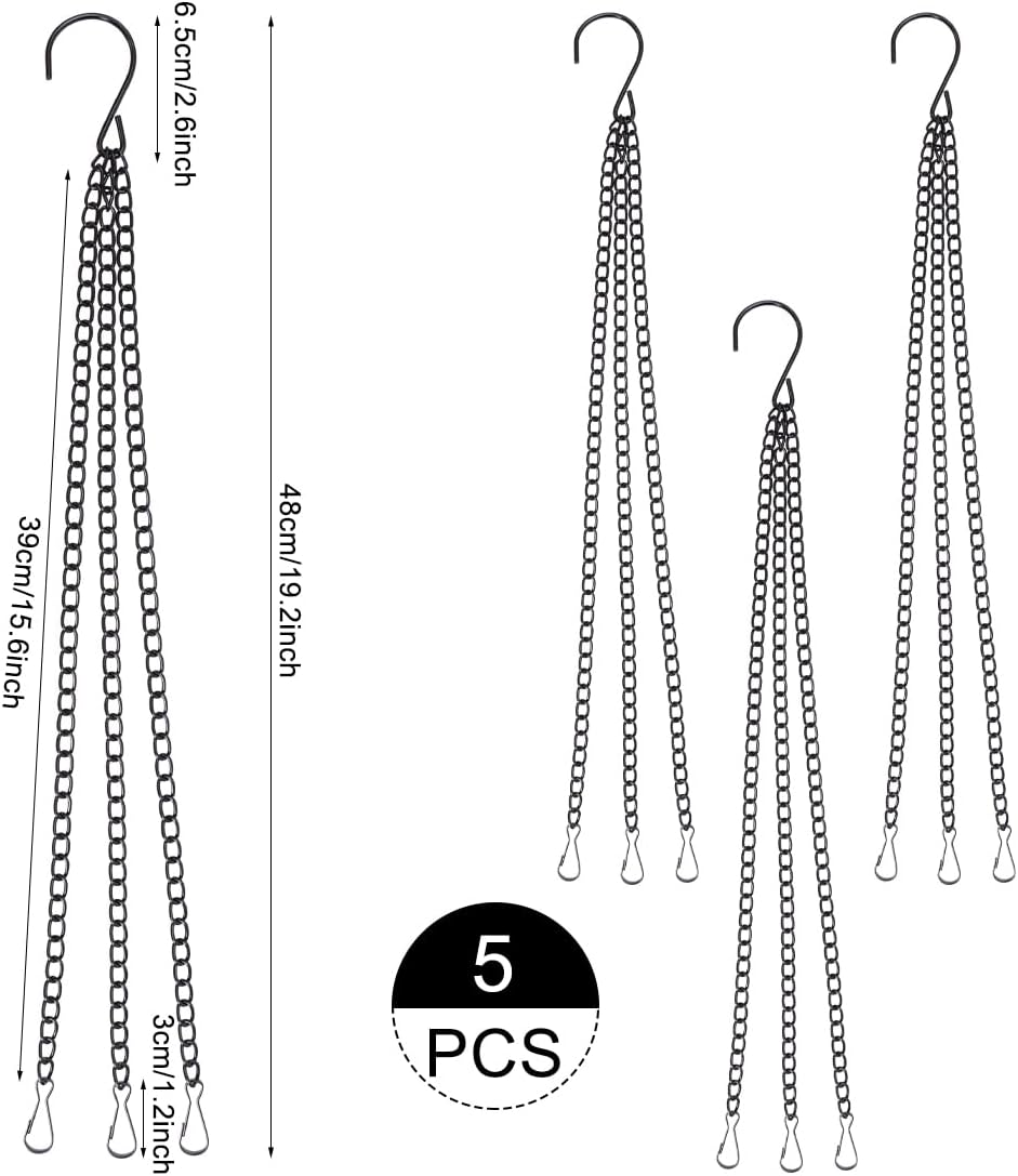 Plant Hanging Chains 5Pcs Black Hanging Basket Chain with Hooks 3 Point 16Inch Flower Plant Pot Replacement Chain Hangers for Bird Feeders,Planters,Lanterns and Ornaments