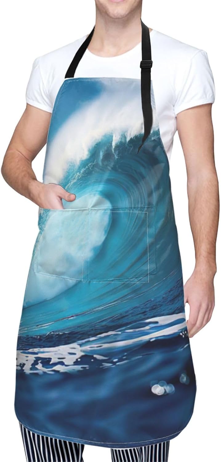 Big Ocean Wave HD print Waterproof chef's apron with pocket apron for kitchen cooking baking barbecue and gardening