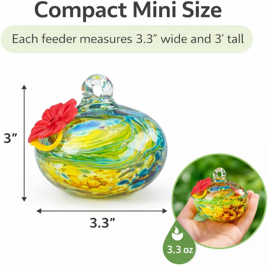 Adkoat® 6PCS Hand Blown Glass Hummingbird Feeders for Outdoors Hanging - Artistic Mini Nectar Feeder Set with Red Flower Ports - Colorful Garden Suncatcher Decor & Unique Gifts for Women Mom Grandma