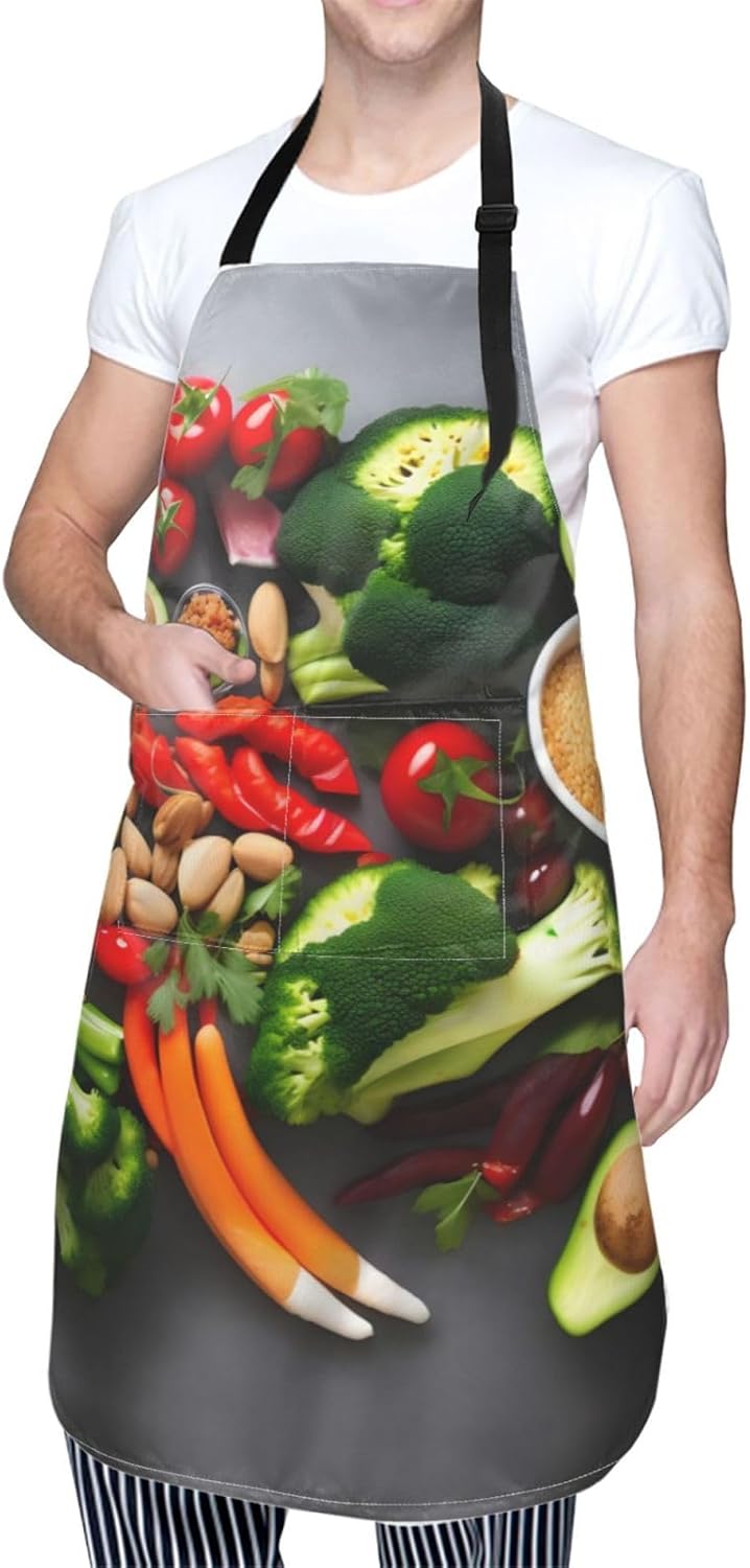 Healthy Food Print 28x33 In Adult Kitchen Apron with Pockets Versatile Chef Smock for Cooking Baking
