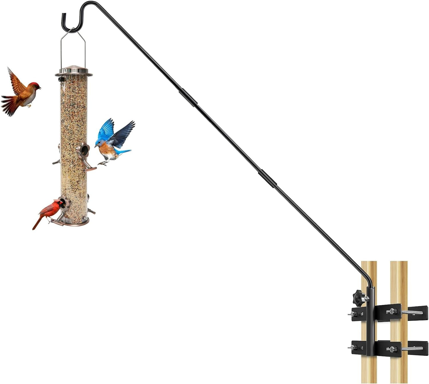 29-43 Inch Adjustable Deck Railing Hook – Heavy Duty Bird Feeder Hanger with Double Clamps, Rotating Shepherd Hook for Outdoor Plants, Lanterns & Wind Chimes