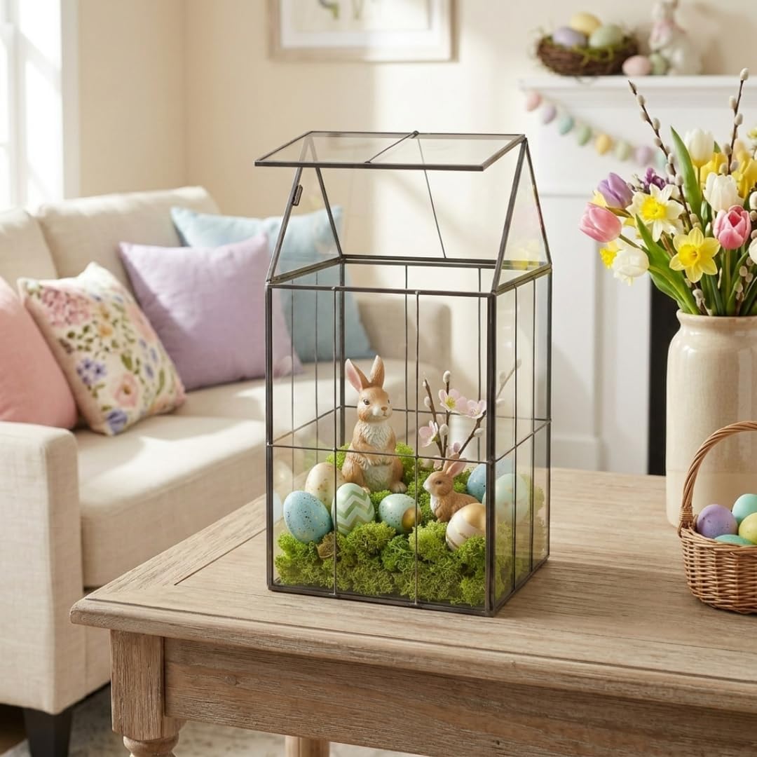 D'Eco Glass Geometric Centerpiece (6x5x11) - Planter Terrarium - Spring Easter Home Decor & Wedding Letterbox - Fill w Succulents, Moss, Colorful Eggs, Bunny Rabbits, Grass - Gift for Plant Lovers