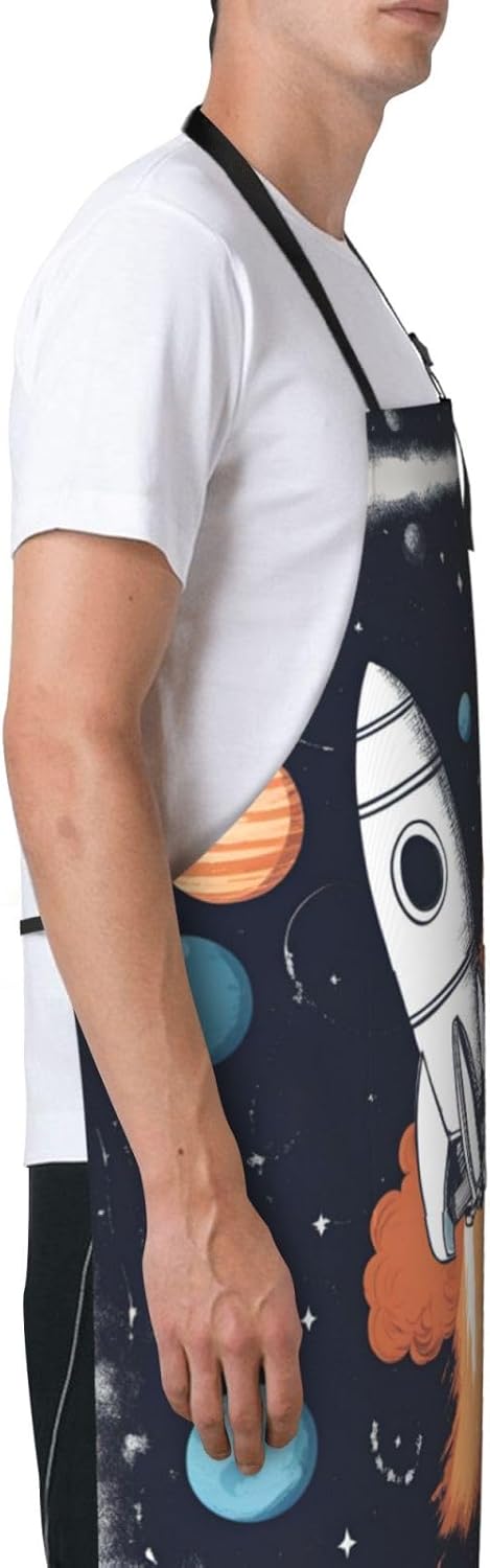 Rocket in Space print Waterproof chef's apron with pocket apron for kitchen cooking baking barbecue and gardening