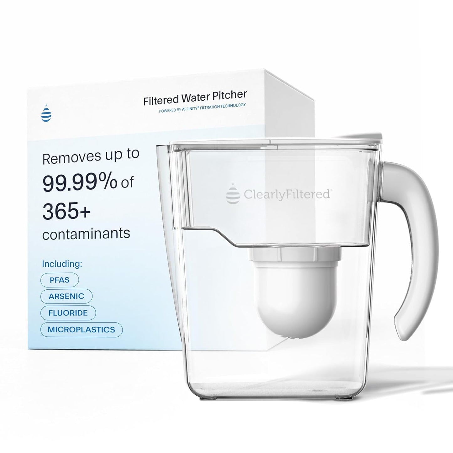 Clearly Filtered No.1 Filtered Water Pitcher/Updated Model/Targets 365+ Contaminants e.g. Fluoride Chlorine PFAS Microplastics Lead Arsenic BPA/BPS Free (Pitcher Includes 1 Filter)