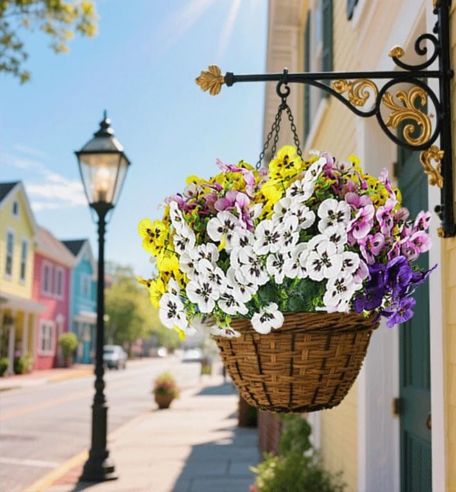 Artificial Fake Pansy Flowers for Outdoor, UV Resistant Faux Silk Pansies Spring Flowers, for Planter Front Door Porch Yard Patio Window Box Home Decor 12 Bundles (Yellow Purple White Pink)