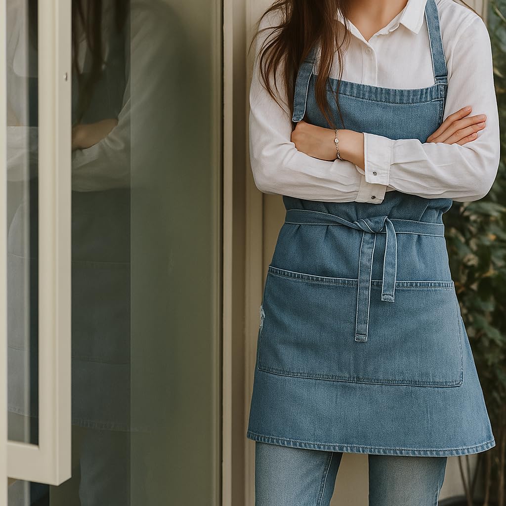 Denim Apron With 5 Pockets for Kitchens,Hairstylist Aprons for Women M