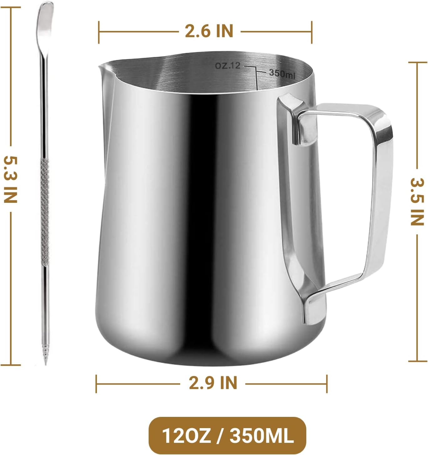 Milk Frothing Pitcher, 350ml/12oz Milk Frother Cup Stainless Steel Jug Steaming Pitcher, Milk Coffee Cappuccino Latte Art Barista Steam Pitchers Milk Jug Cup with Decorating Pen