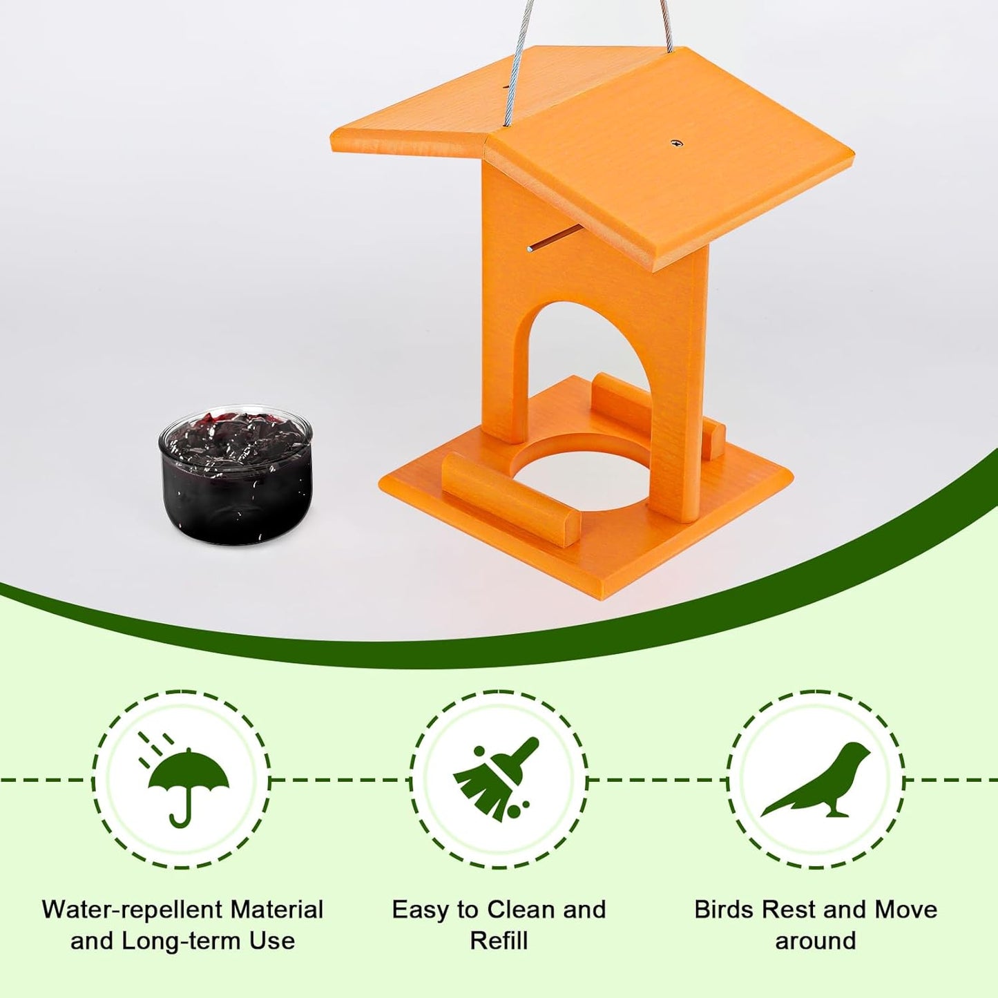 Oriole Feeders for Outdoors Hanging,All-in-One Recycled Plastic Oriole Feeder with A Removable Glass Cup Jelly or Jam, Fruit, Nectar or Seed for Orioles,Orange,1 Pack