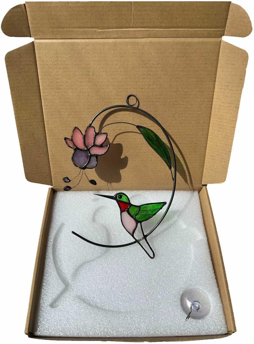 Handcrafted Hummingbird Stained Glass Window Hanging - Suncatcher With Blooming Fuchsia Flower for Window Decor - Gift for Mom and Bird Lovers