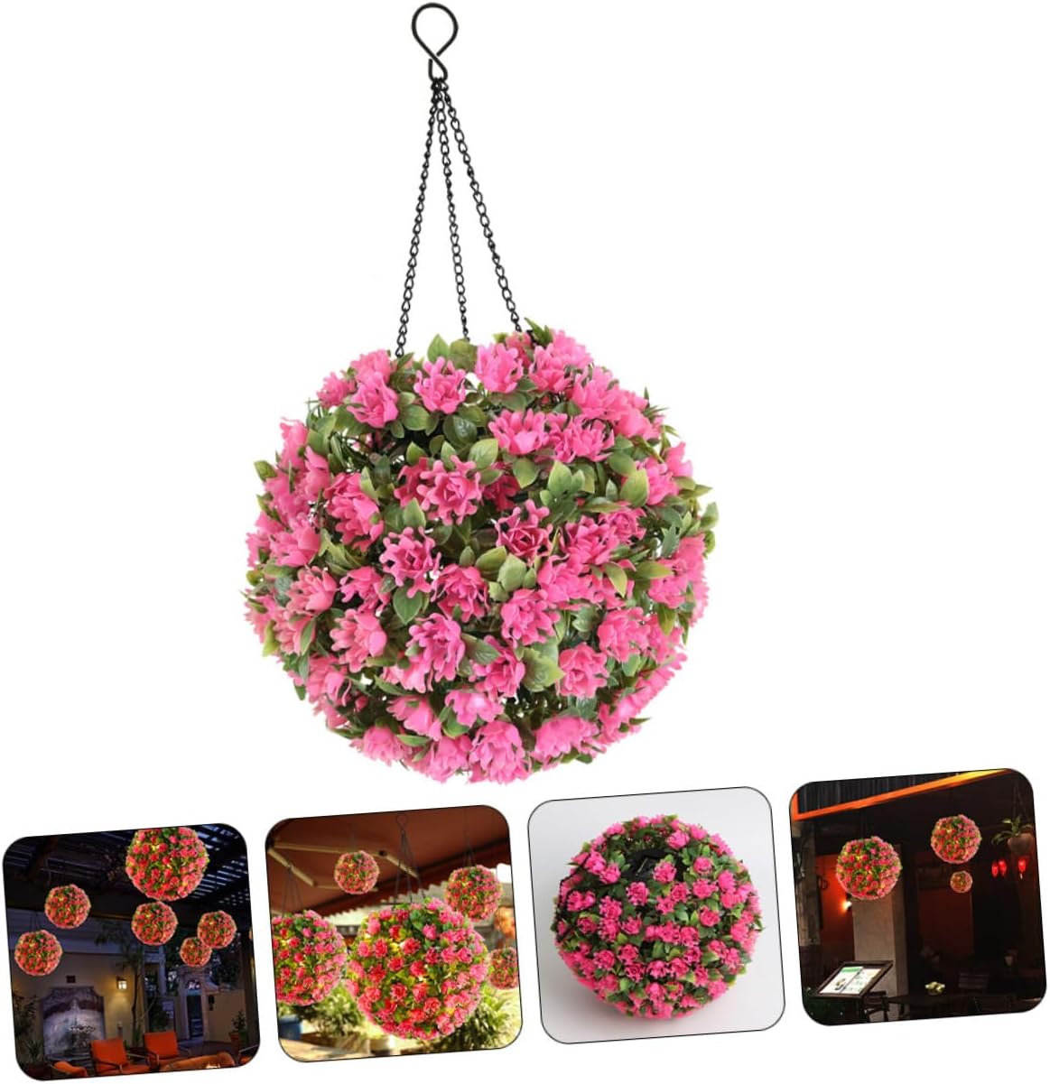 BESTOYARD Pink Flower Solar LED Hanging Topiary Ball, Artificial Grass Sphere with Solar Light for Outdoor Garden and Wedding Décor