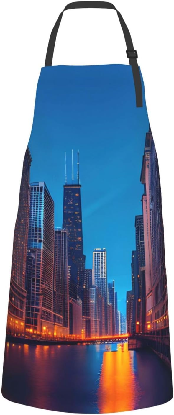 Chicago Night Print Laundry apron 28x33 In Waterproof Kitchen Apron with Pockets for Cooking Baking