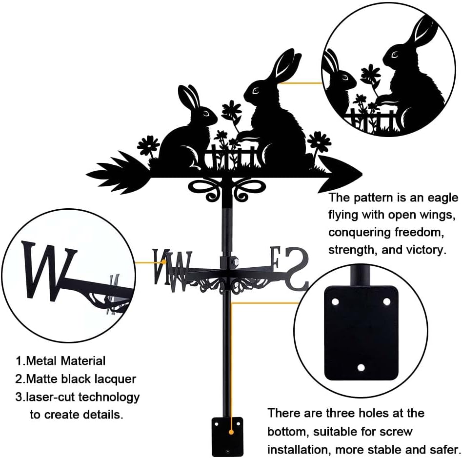 SUPERDANT Rabbit Weathervane Rabbit Weather Vane for Roof Mount Animal Metal Weathervane for Garden Wind Direction Indicators for Farmhouse Yard Outdoor Farm Barn Sheds Patio Decoration