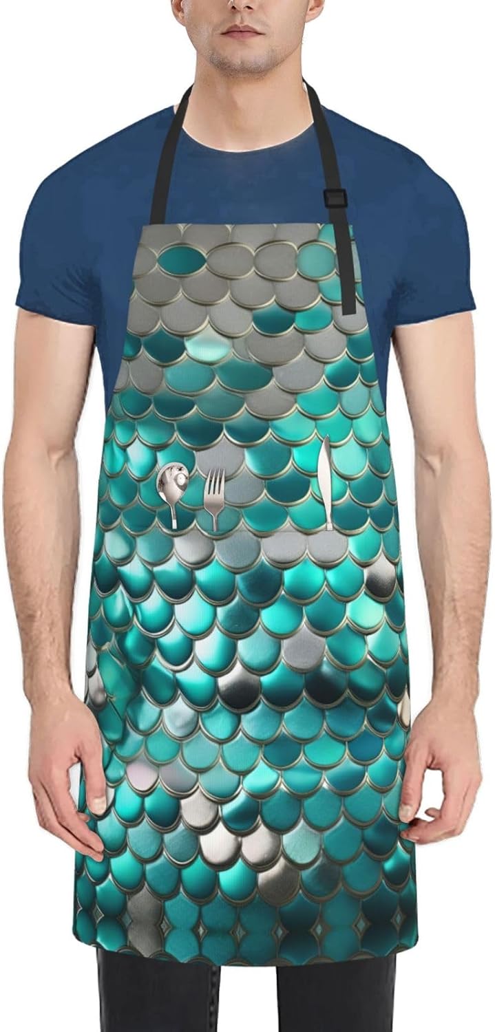 Mermaid Scale Print 28x33 In Adult Kitchen Apron with Pockets Versatile Chef Smock for Cooking Baking