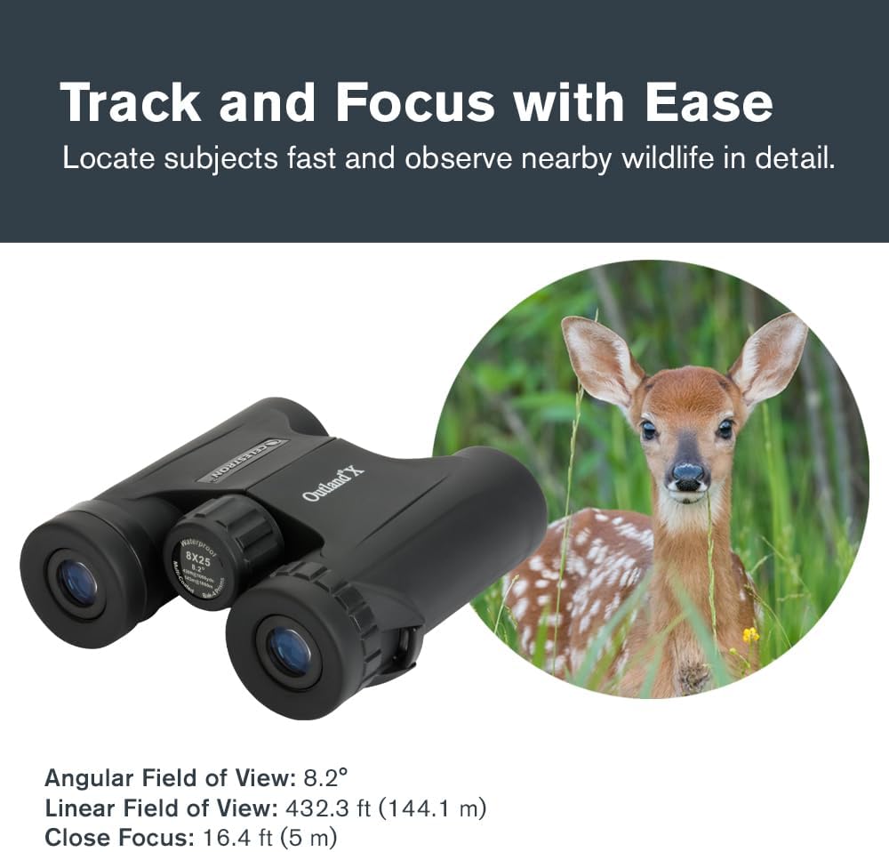 Celestron - Outland X 8x25 Binoculars – Ideal for Birding and Outdoors – 25mm Objective Lenses – Wide 8.2° Field of View – BaK-4 Prisms – Multi-Coated – Waterproof and Fogproof