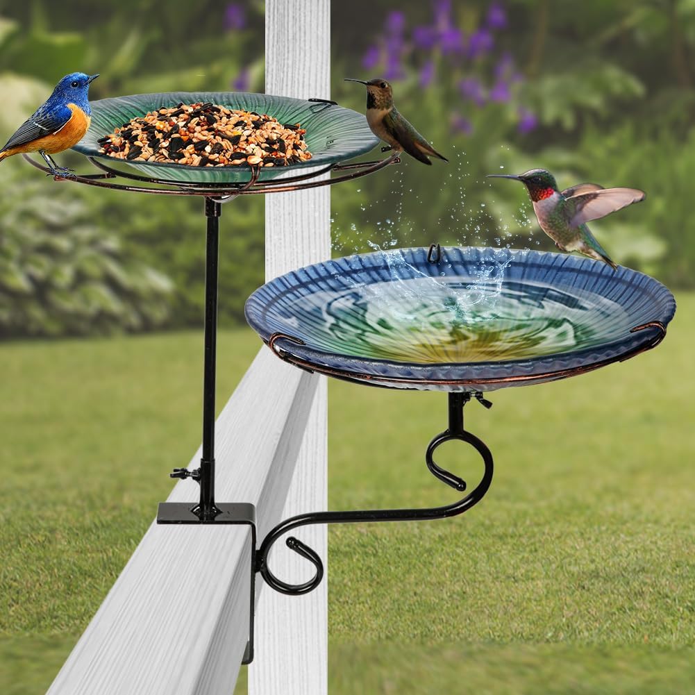 2-in-1 Deck Mounted Bird Bath for Outside Glass Birdbath Bowl & Birdfeeder with Adjustable Sturdy Metal Clamp for Railing Balcony 11" Dia, Blue