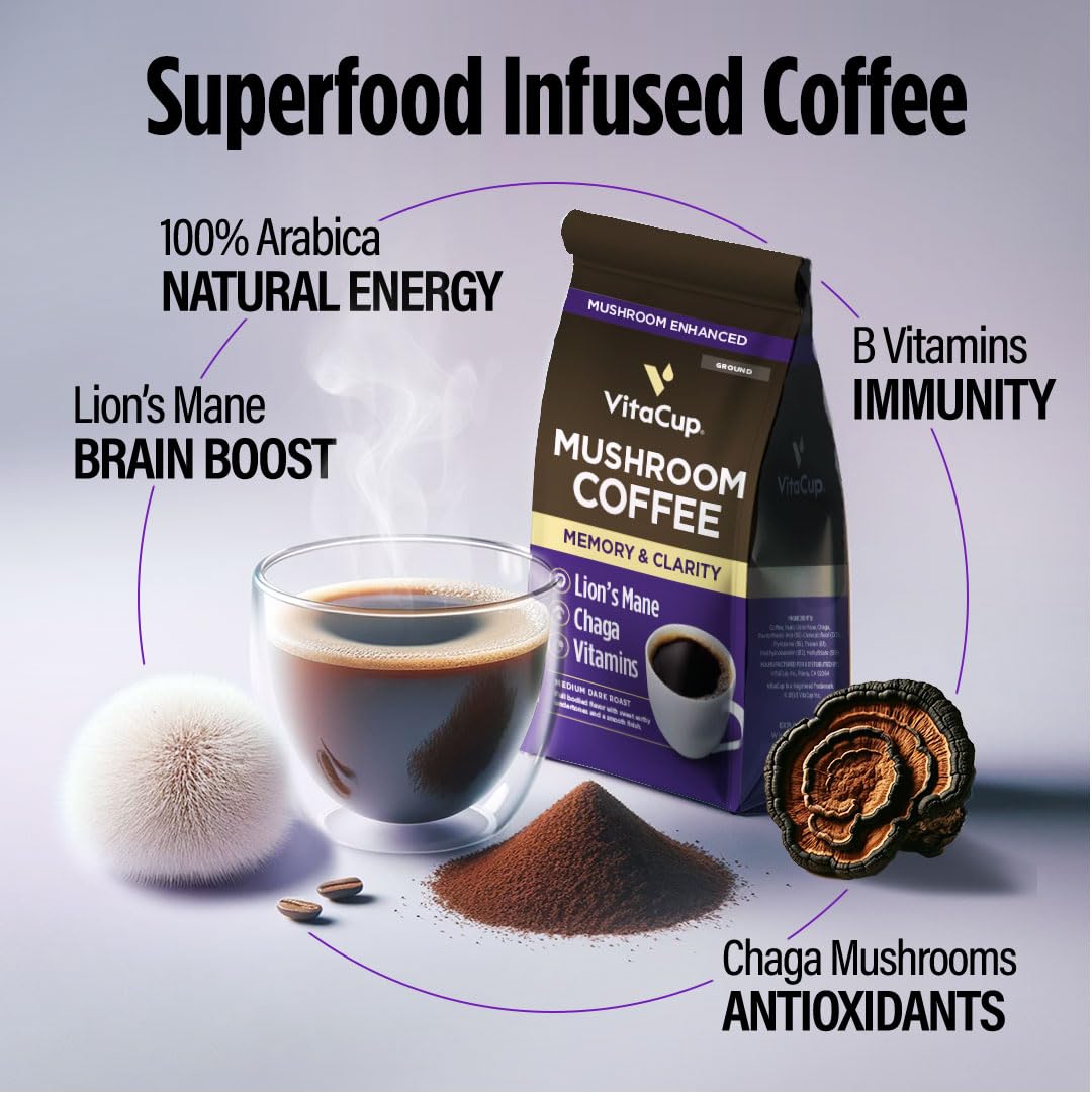 VitaCup Mushroom Coffee Grounds, with Lions Mane, Chaga, B Vitamins, D3, Boost Focus, Immunity, Memory & Clarity, Medium Dark Roast, Bold & Smooth 100% Arabica Specialty, 10 Oz