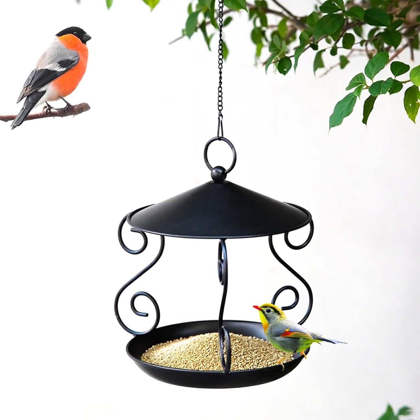 Heavy Duty Metal Hanging Wild Bird Feeder Squirrels Proof Outdoor Large Roof Large Tray for Garden Backyard Weatherproof Bird Feeder with Roof