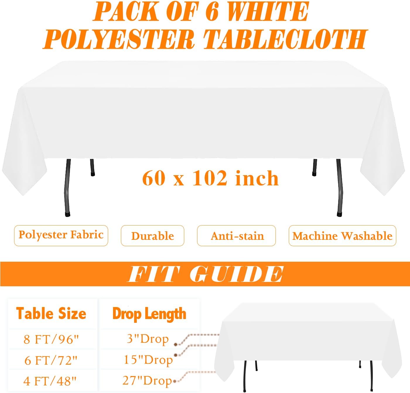 WIGENIUS 6 Pack White Table Cloth Rectangle Tablecloths 60X102 Inch,Polyester Table Cloth for 6 Foot Rectangle Tables,Wrinkle Resistant Washable Fabric Table Covers for Party,Wedding Banquet