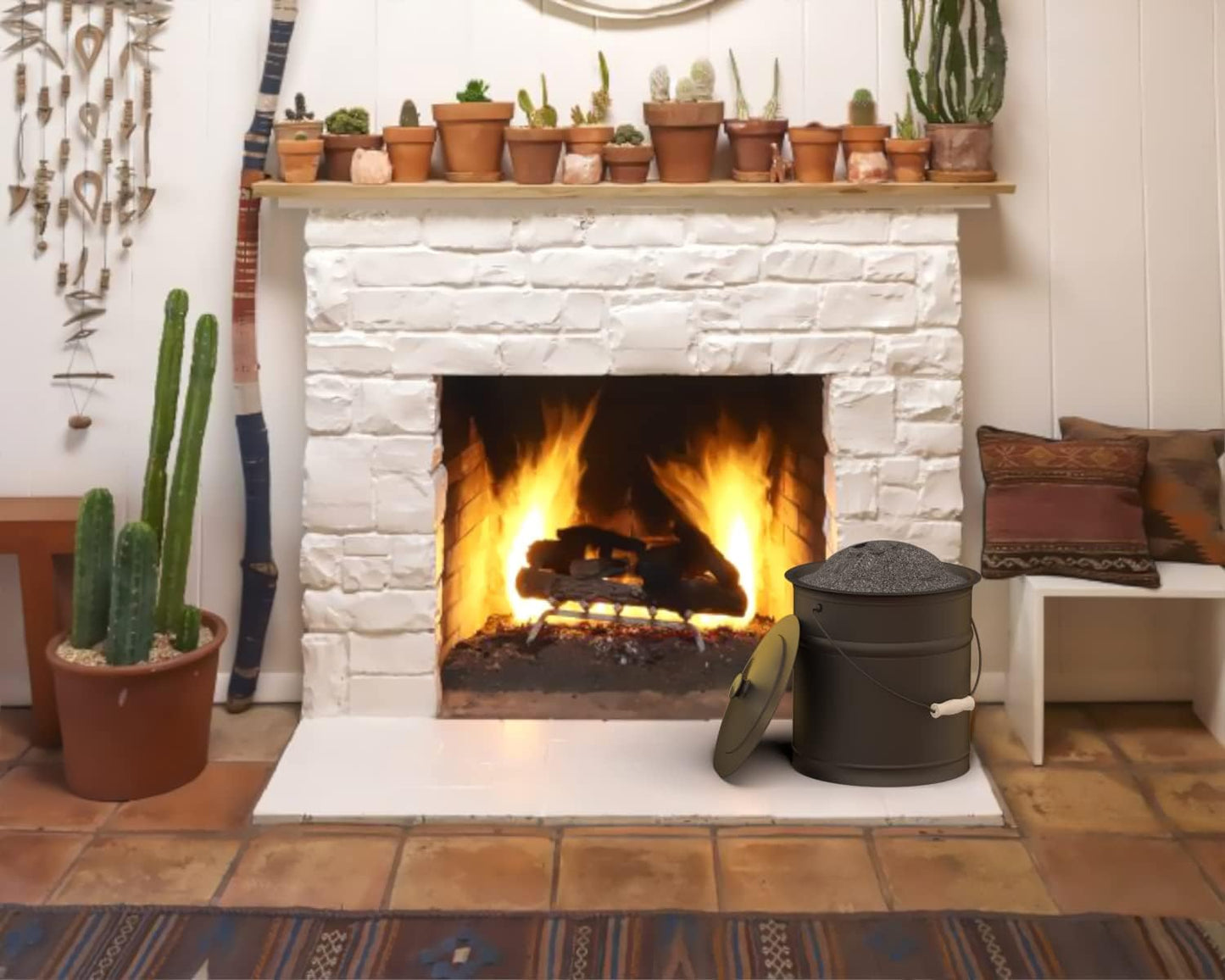 Plow & Hearth 3 Gallon Black Large Ash Bucket with Lid and Wood Handle | 28 Gauge Galvanized Iron Metal | Double Bottom | Tool for Fireplaces Fire Pits Wood Burning Stoves (Black)