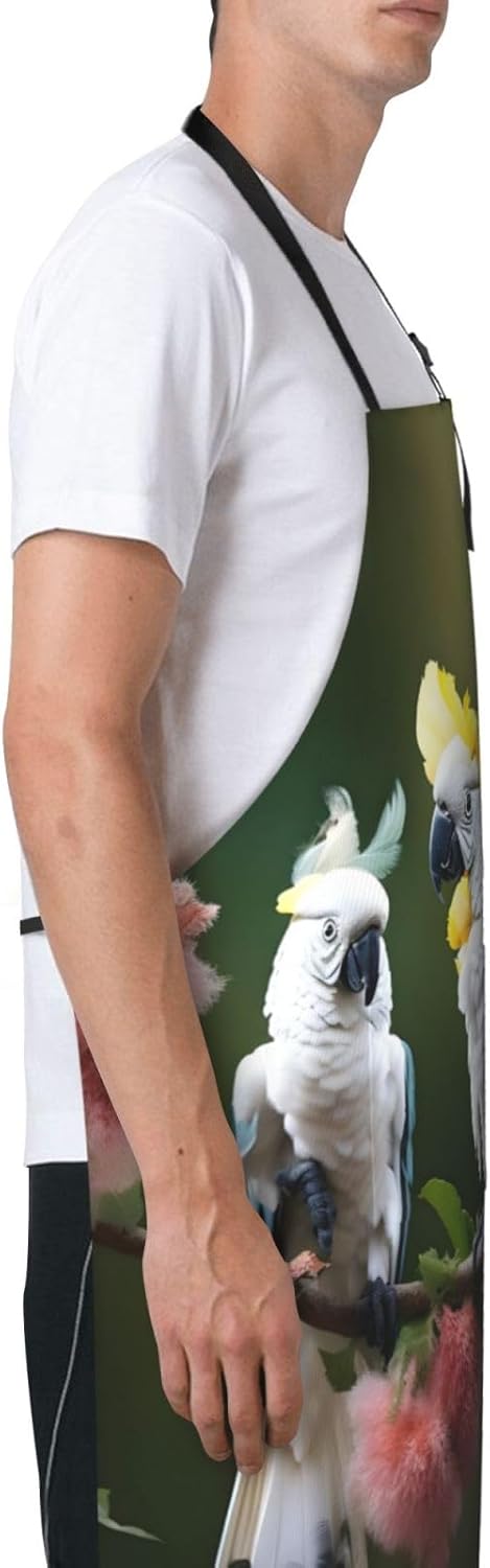 Beautiful Cockatoo Bird Flower Print 28x33 In Adult Kitchen Apron with Pockets Versatile Chef Smock for Cooking Baking