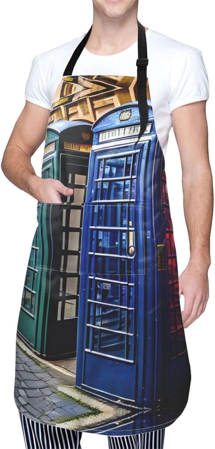 british phone booth print Waterproof chef's apron with pocket apron for kitchen cooking baking barbecue and gardening