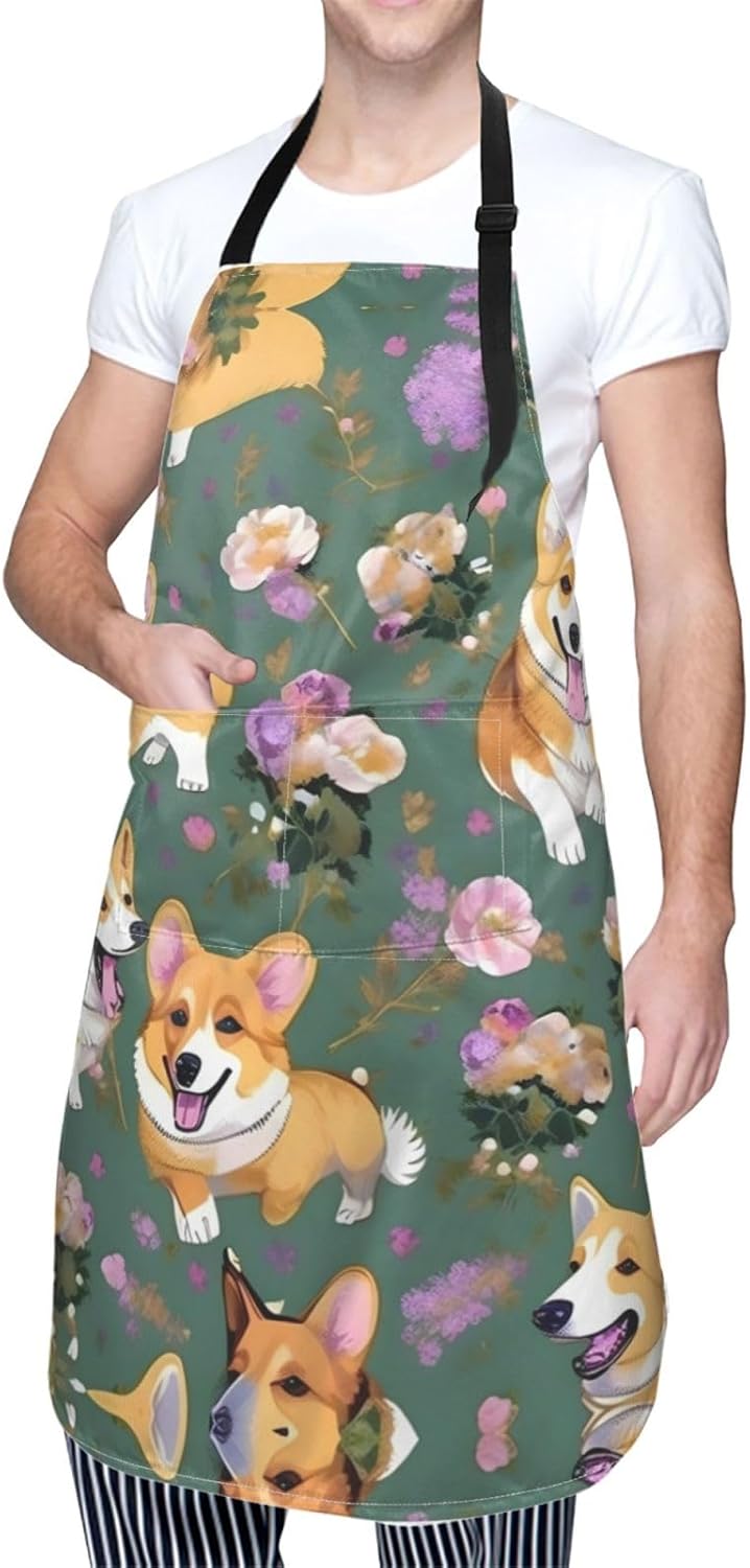 Corgi Floral Flowers Print Laundry apron 28x33 In Waterproof Kitchen Apron with Pockets for Cooking Baking