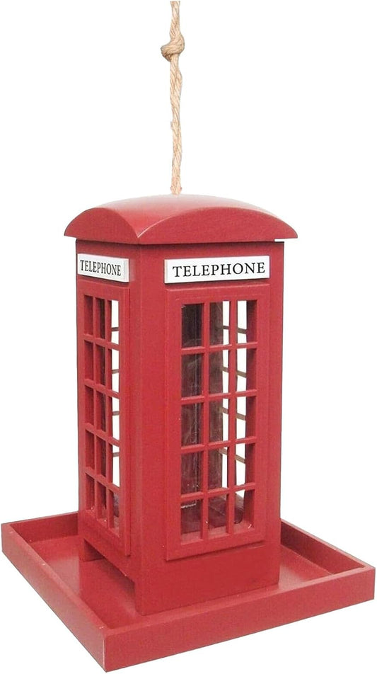 Bird Feeder - Red Telephone Booth Feeder, Spill Resistant Wooden Hanging Birdhouse with Roof Cover, Weatherproof Feeding Function, Ideal for Garden Backyard