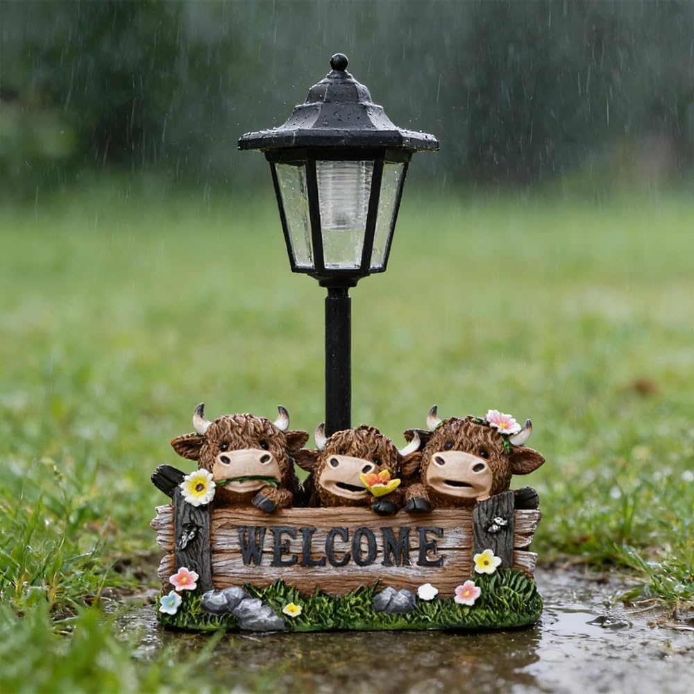 Retro street Highland cow light statue, cute and warm three cows welcome sign decoration, lighting function home decoration item, suitable for placement at the entrance of the courtyard or garden.