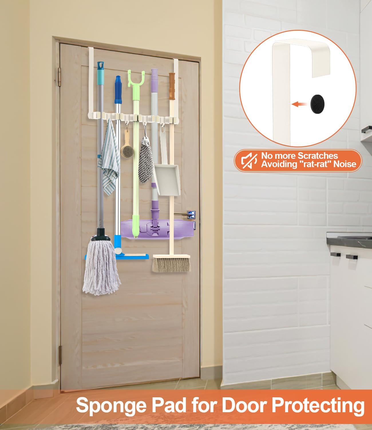 Broom Holder Over The Door Drilling Free Mop and Broom Holder with 4 Over Door Hook, Metal Mop and broom hanger Wall Mount Broom Storage Tool Organizer for Laundry Room Garage Bathroom - light beige