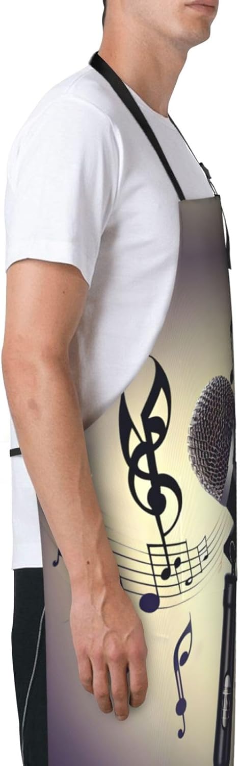 Microphone with Music Note print Waterproof apron with pocket adjustable cooking apron for adult kitchen bibs to bake