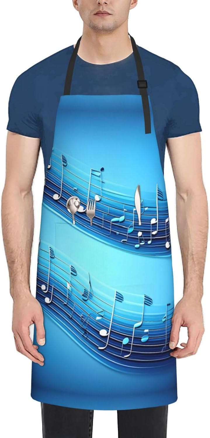 Sky blue musical notes Print Laundry apron 28x33 In Waterproof Kitchen Apron with Pockets for Cooking Baking