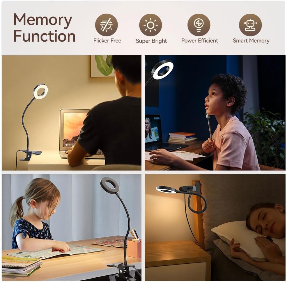 LED Desk Lamp Clip on Light with 3 Color Modes 10 Brightness Ring/Clam