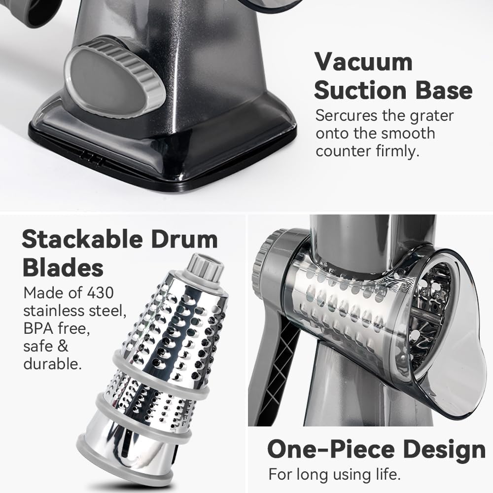 Cheese Grater Hand Crank Rotary Vegetables Shredder with Handle, 3-in-1 Graters with Interchangeable Blades and Non-slip Base Multifunctional Slicer for Kitchen