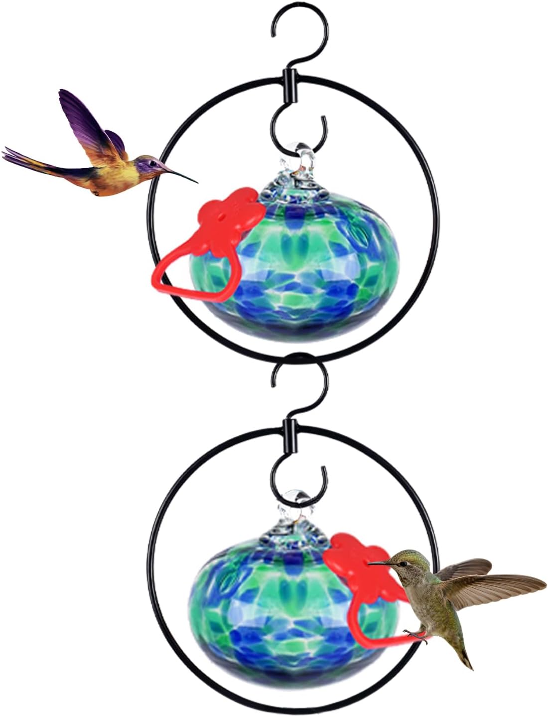 2 Pack Hummingbird feeders for Outdoors Hanging with Iron Hook,Hand Blown Glass Hummingbird Feeder with 2 Adjustable Silicone Perch,Never Leak,Gardening Gifts for Woman Man(Blue)