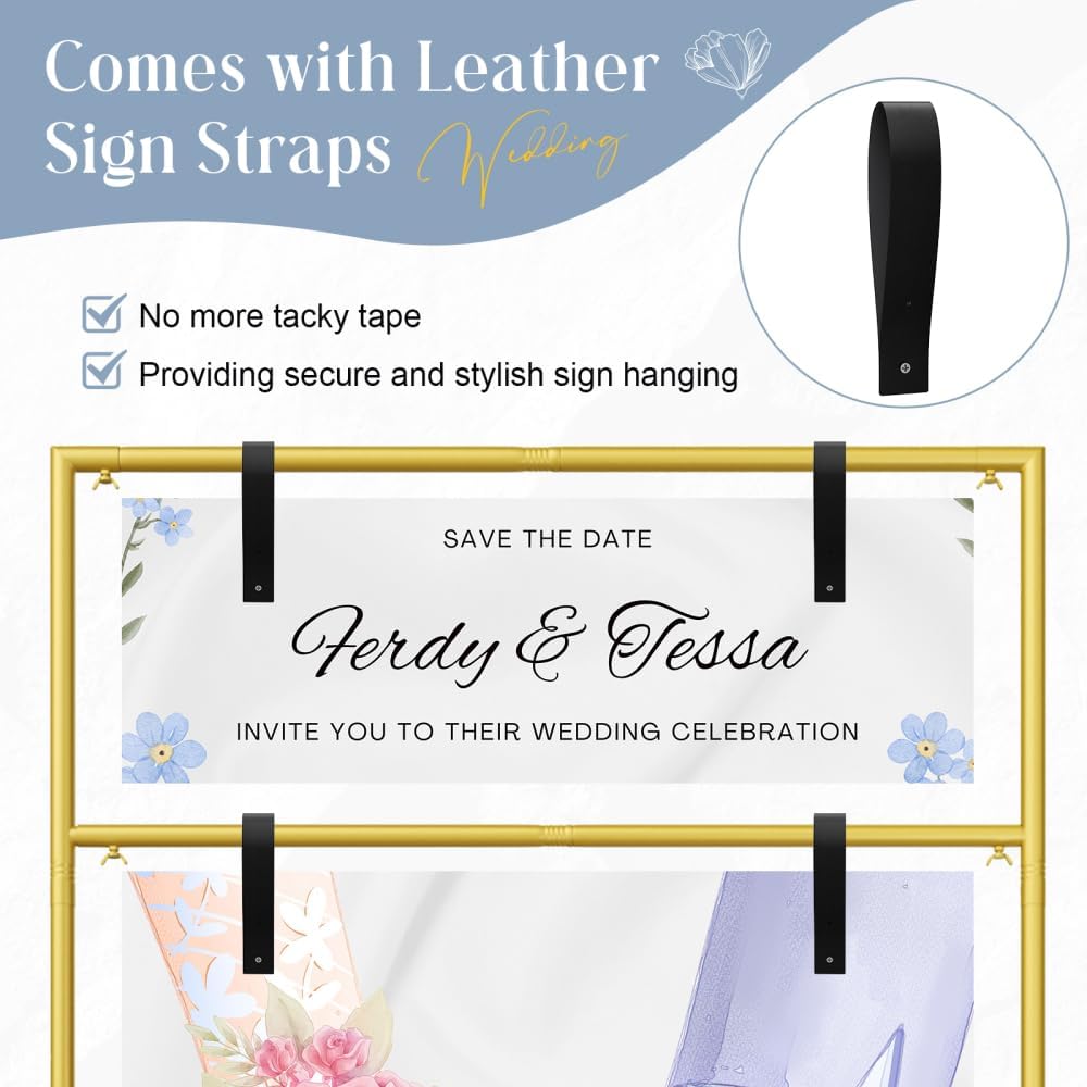 Gold Wedding Welcome Sign Stand 79"x32"x16" - Heavy Duty Metal Easel Display Holder with 2 Pairs of Leather Straps & Satin Ribbon for Wedding, Bridal Shower, Birthday Party, Baby Shower or Any Event