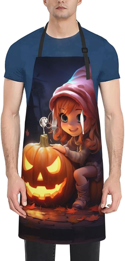 halloween cute pumpkin print Waterproof chef's apron with pocket apron for kitchen cooking baking barbecue and gardening