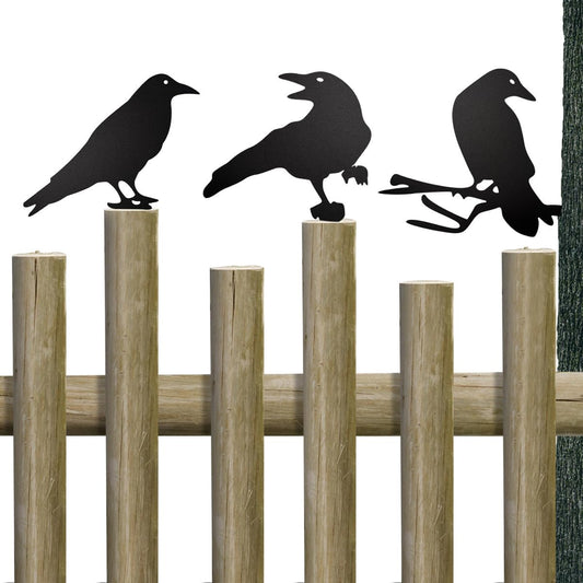 Black Metal Raven Decor ，3PCS Outdoor Raven Yard Fence Decorations ，Metal Birds Craft Ornaments Garden Fence Topper Outdoor Yard Art