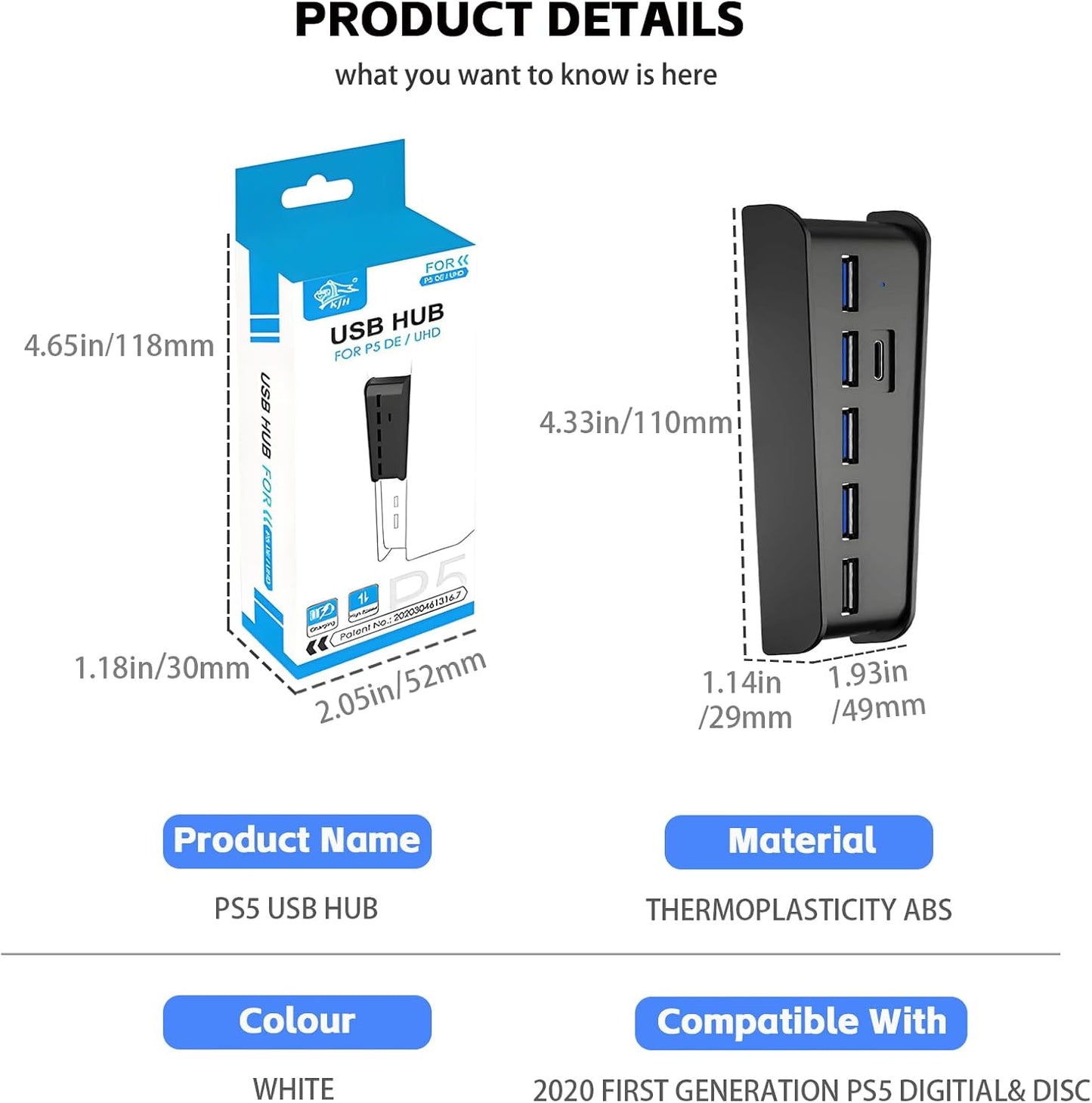 Megadream 6 Port USB Hub for PS5 Accessories, High-Speed Expansion Hub